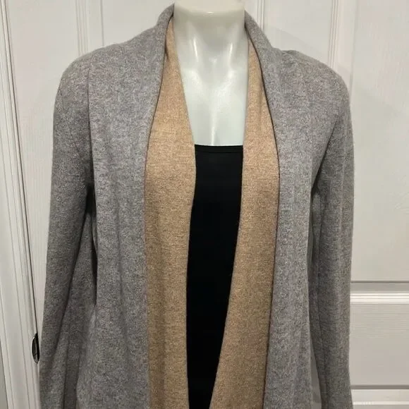 Neiman Marcus cashmere gray with tan trim open front cardigan XS - Picture 3 of 6